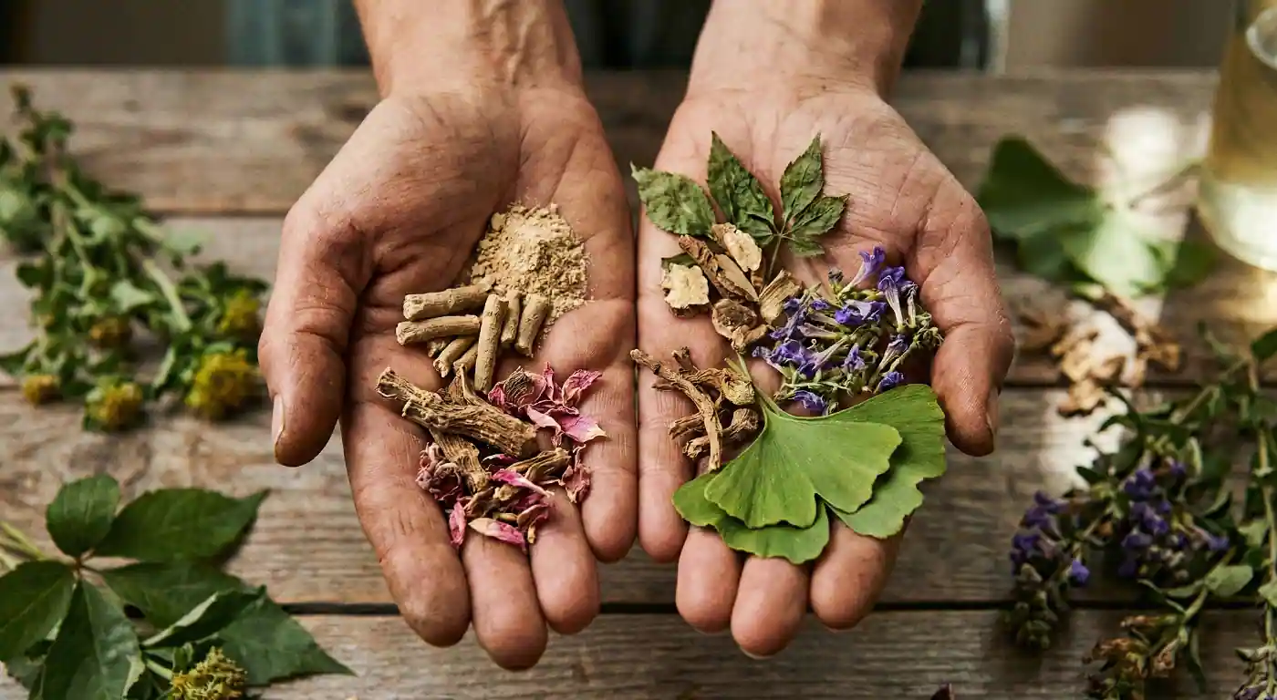 Přírodní adaptogeny v doplňku Úleva od stresu – ashwagandha, rhodiola, šišák, ženšen a ginkgo, zobrazené v dlaních